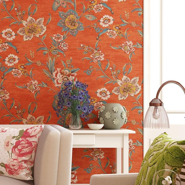 0.53x5m 3D StereoRetro Self-Adhesive Non-Woven Wallpaper Pastoral Flower Bedroom Living Room TV Background Wall Sticker(0403 Big Orange Flower)