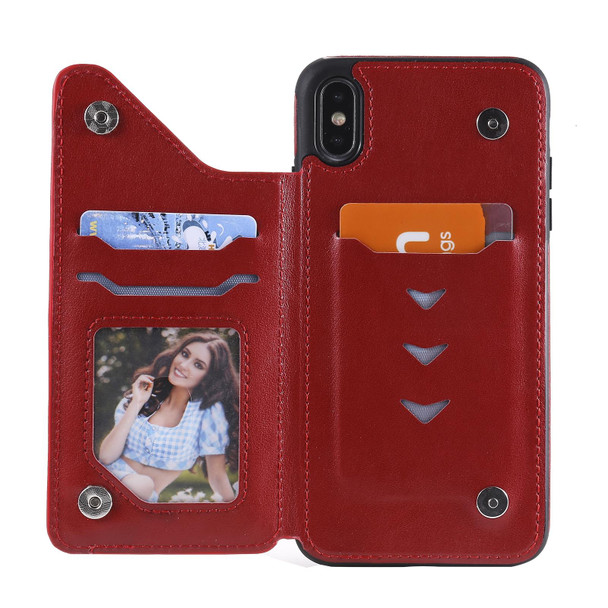 Flower Embossing Pattern Shockproof Protective Case with Holder & Card Slots & Photo Frame - iPhone XS Max(Red)