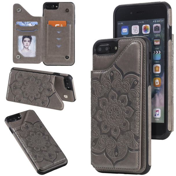 Flower Embossing Pattern Shockproof Protective Case with Holder & Card Slots & Photo Frame - iPhone 8 Plus / 7 Plus(Grey)