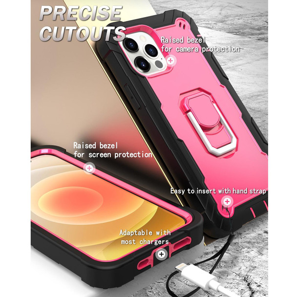 PC + Rubber 3-layers Shockproof Protective Case with Rotating Holder - iPhone 12 Pro Max(Black + Rose Red)