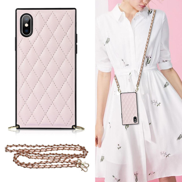 Elegant Rhombic Pattern Microfiber Leatherette +TPU Shockproof Case with Crossbody Strap Chain - iPhone XS Max(Pink)