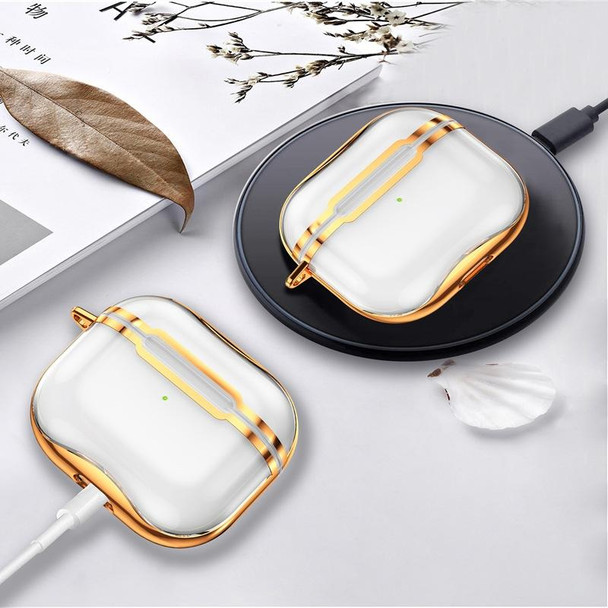 Electroplating Frame + Transparent TPU Earphone Protective Case with Hook - AirPods 3(Transparent + Silver)