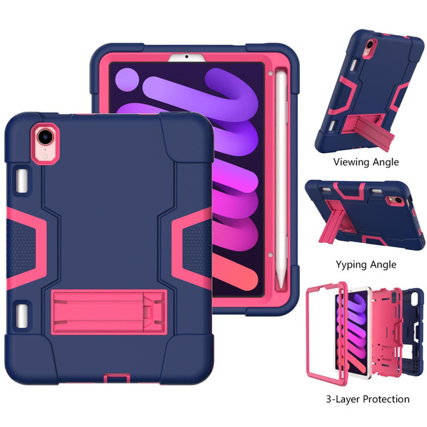 Contrast Color Robot Shockproof Silicone + PC Protective Tablet Case with Holder & Pen Slot - iPad mini 6(Navy Blue Rose Red)