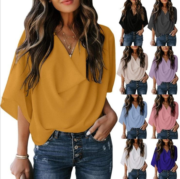 Solid Color Loose V-neck Bat Sleeve Short-sleeved T-shirt - Women (Color:Turmeric Size:S)