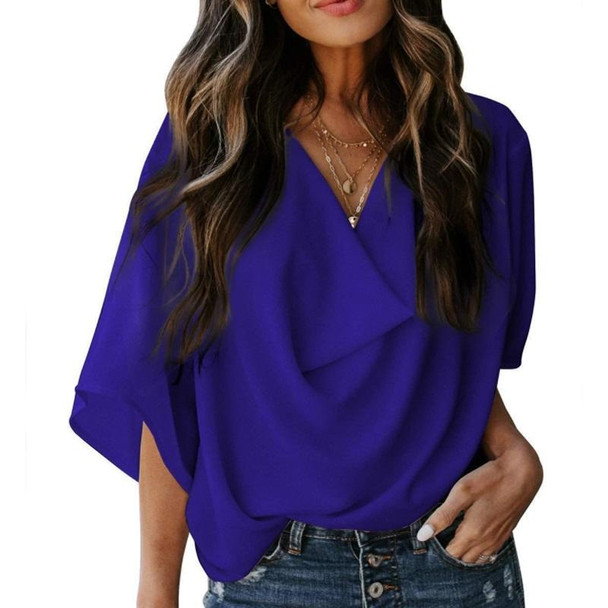 Solid Color Loose V-neck Bat Sleeve Short-sleeved T-shirt - Women (Color:Royal Blue Size:M)