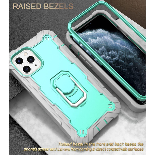 PC + Rubber 3-layers Shockproof Protective Case with Rotating Holder - iPhone 11 Pro(Grey White + Mint Green)