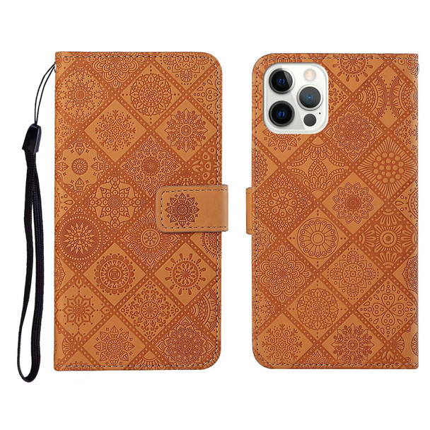 Ethnic Style Embossed Pattern Horizontal Flip Leatherette Case with Holder & Card Slots & Wallet & Lanyard - iPhone 12 Pro Max(Brown)