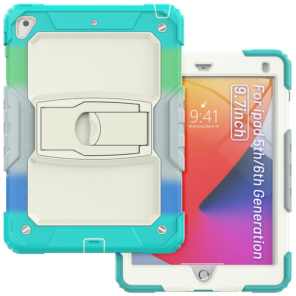 Shockproof Colorful Silicone + Beige PC Tablet Protective Case with Holder & Shoulder Strap - iPad 9.7 2018 / 2017(Camouflage Light Blue)