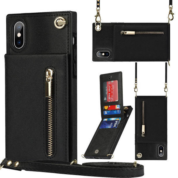 Cross-body Zipper Square TPU+PU Back Cover Case with Holder & Card Slots & Wallet & Strap - iPhone XS Max(Black)