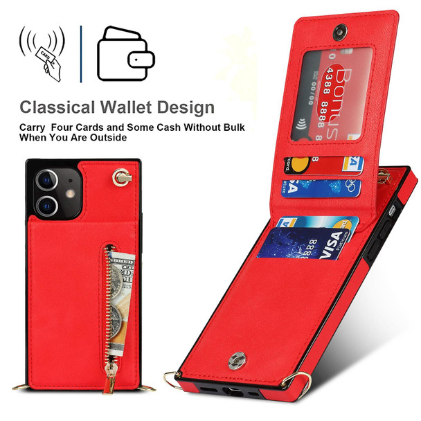 Cross-body Zipper Square TPU+PU Back Cover Case with Holder & Card Slots & Wallet & Strap - iPhone 12 / 12 Pro(Red)