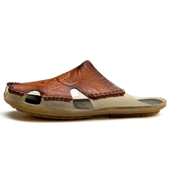 Summer Men Leather Slippers Casual Large Size Flat Beach Shoes, Size: 43(Red Brown)