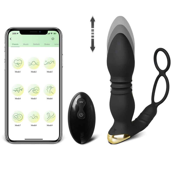 APP & Remote Control Thrusting Vibrating Prostate Massager with Dual Cock Rings