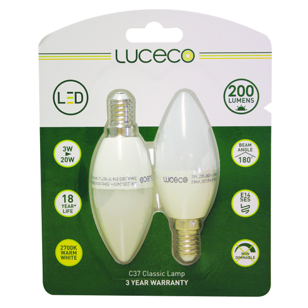Luceco 2pc Candle WarmWhite NonDim Lamp E14 3W