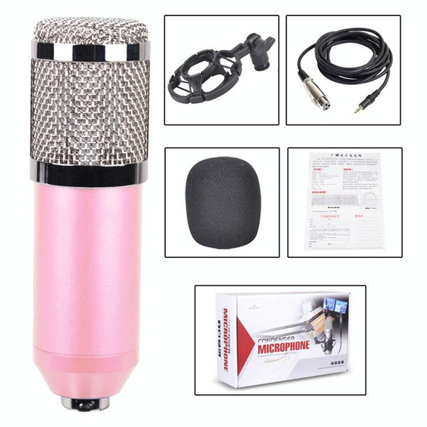 BM-800 3.5mm Studio Recording Wired Condenser Sound Microphone with Shock Mount, Compatible with PC / Mac for Live Broadcast Show, KTV, etc.(Pink)