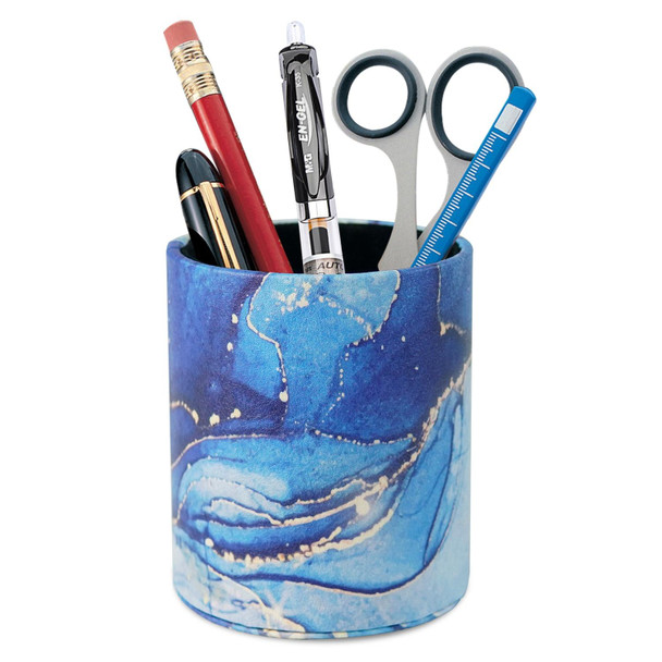PU Leather Tool Storage Box Desktop Pen Holder(Blue Marble)
