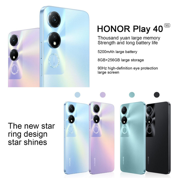 Honor Play 40 5G WDY-AN00, 8GB+128GB, China Version, Face ID & Side Fingerprint Identification, 5200mAh, 6.56 inch MagicOS 7.1 / Android 13 Qualcomm Snapdragon 480 Plus Octa Core up to 2.2GHz, Network: 5G, Not Support Google Play(Cyan)