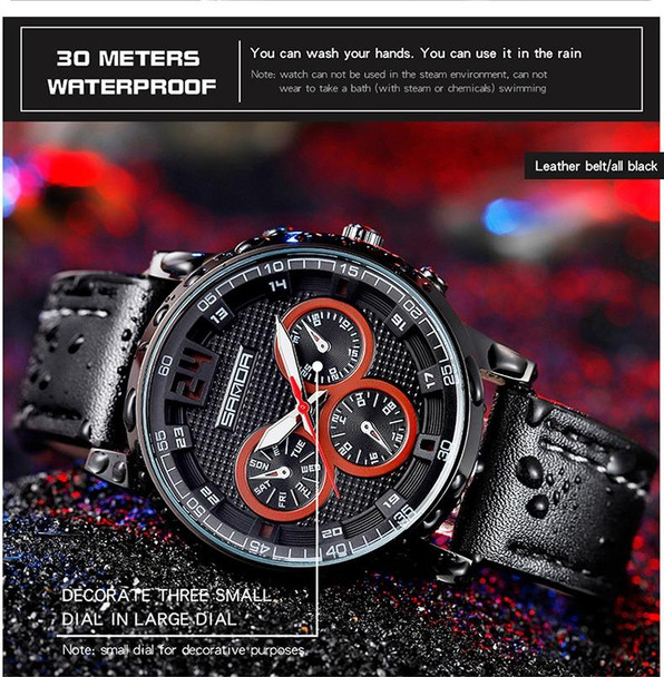 SANDA 5009 Business Fashion Three Eye Six Needle Casual Leather Waterproof Men Quartz Watch(Black)