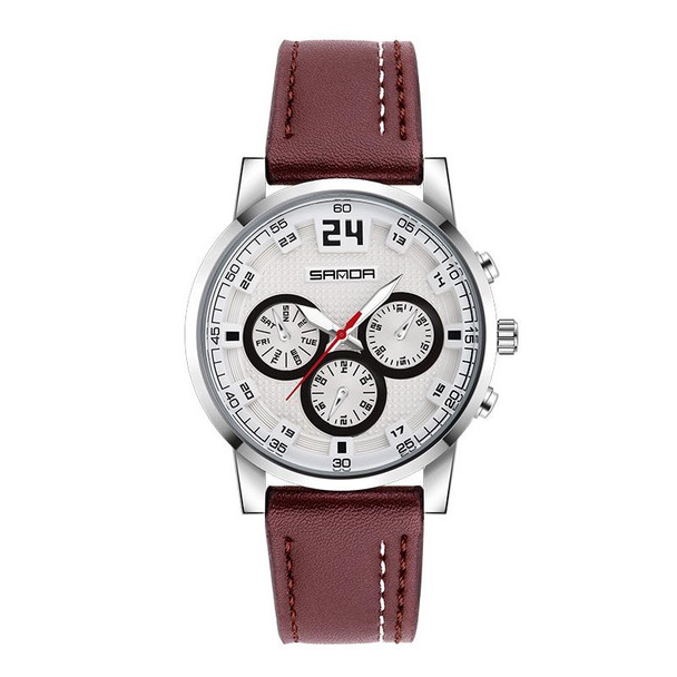 SANDA 5009 Business Fashion Three Eye Six Needle Casual Leather Waterproof Men Quartz Watch(Coffee)