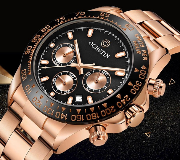 OCHSTIN Augusten 6103B Multi Function Quartz Watch Sports luminous Waterproof Watch Calendar Steel Band Men  Watch(Rose Gold)