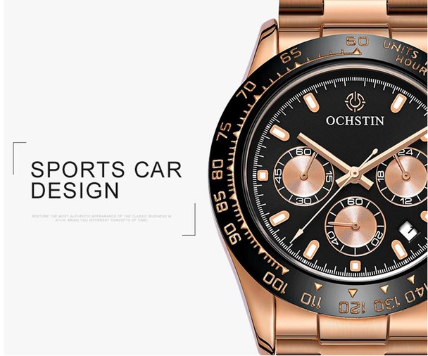 OCHSTIN Augusten 6103B Multi Function Quartz Watch Sports luminous Waterproof Watch Calendar Steel Band Men  Watch(Rose Gold Black)