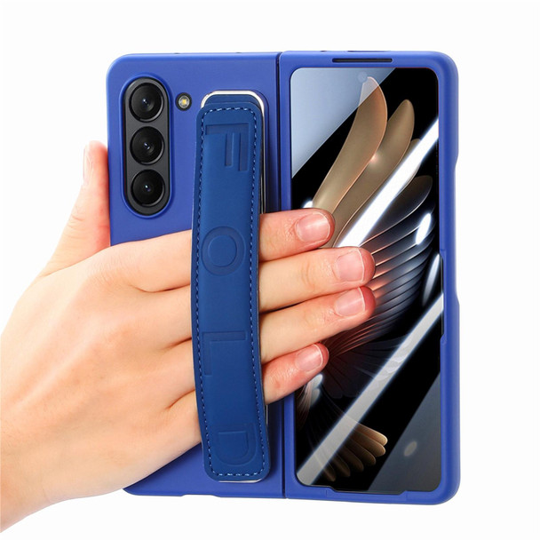 For   Samsung   Galaxy Z Fold5  5G Integrated Wristband Genuine Leatherette Phone Case(Drak Blue)