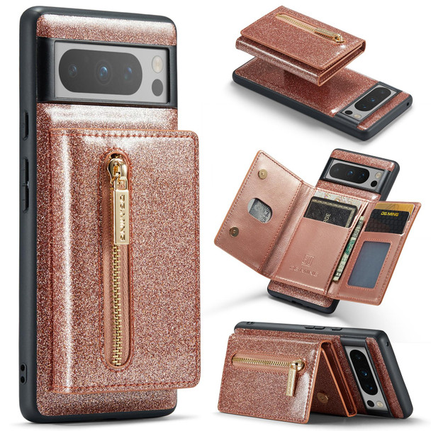 For Google Pixel 8 Pro DG.MING M3 Series Glitter Powder Card Bag Leatherette Case(Rose Gold)