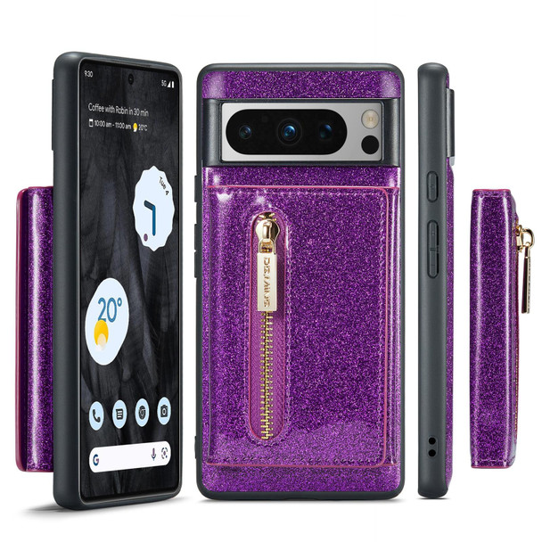 For Google Pixel 8 Pro DG.MING M3 Series Glitter Powder Card Bag Leatherette Case(Dark Purple)