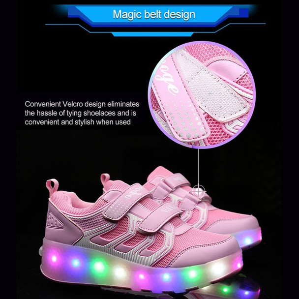 WS01 LED Light Ultra Light Mesh Surface Rechargeable Double Wheel Roller Skating Shoes Sport Shoes, Size : 29(Pink)
