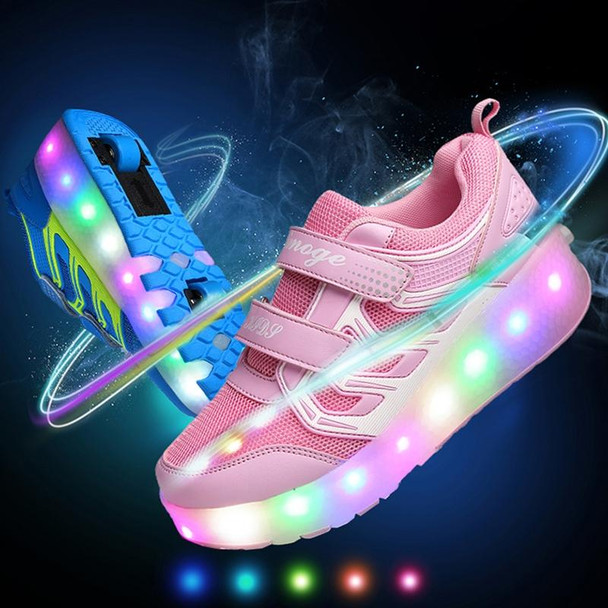 WS01 LED Light Ultra Light Mesh Surface Rechargeable Double Wheel Roller Skating Shoes Sport Shoes, Size : 31(Pink)