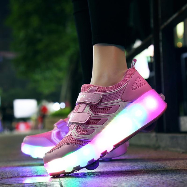 WS01 LED Light Ultra Light Mesh Surface Rechargeable Double Wheel Roller Skating Shoes Sport Shoes, Size : 30(Pink)