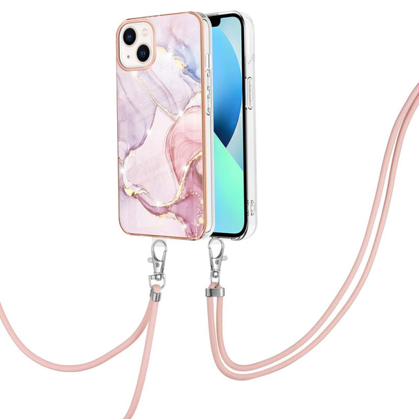 For iPhone 15 Plus Electroplating Marble Pattern IMD TPU Shockproof Case with Neck Lanyard(Rose Gold 005)
