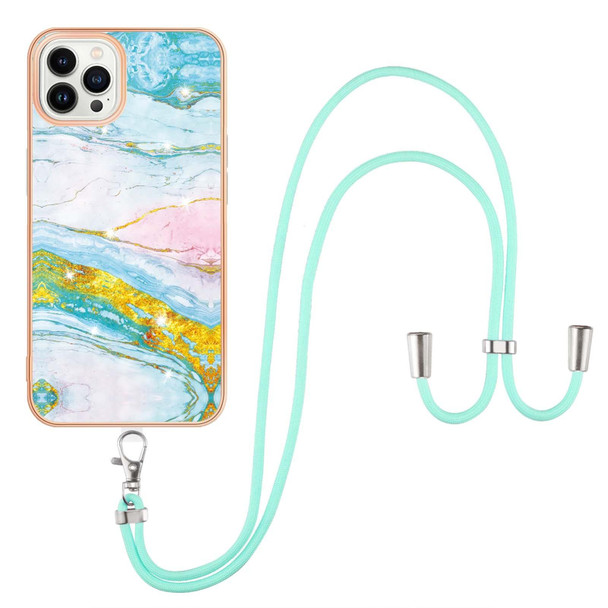 For iPhone 15 Pro Max Electroplating Marble Pattern IMD TPU Shockproof Case with Neck Lanyard(Green 004)