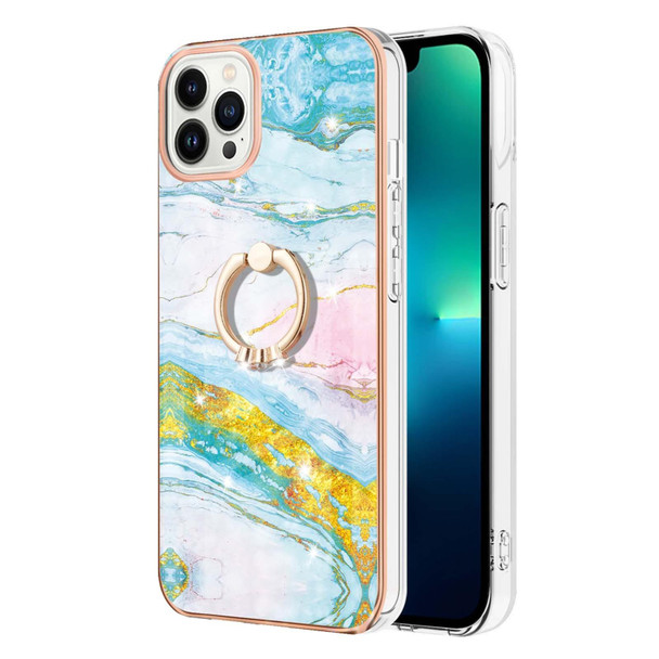 For iPhone 15 Pro Max Electroplating Marble Pattern IMD TPU Shockproof Case with Ring Holder(Green 004)