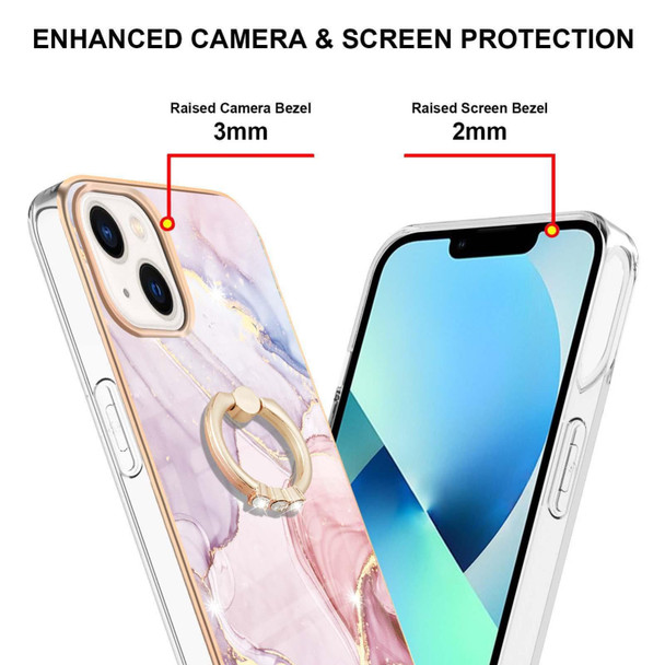 For iPhone 15 Plus Electroplating Marble Pattern IMD TPU Shockproof Case with Ring Holder(Rose Gold 005)