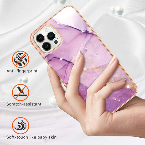 For iPhone 15 Pro Max Electroplating Marble Pattern Dual-side IMD TPU Shockproof Phone Case(Purple 001)