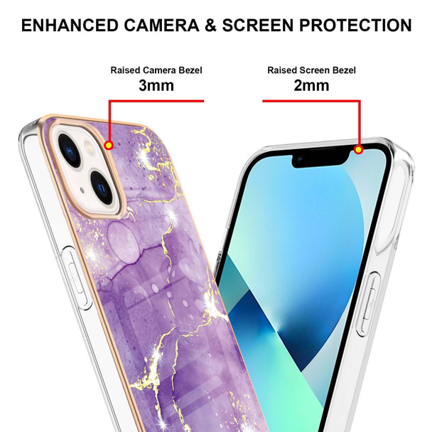 For iPhone 15 Electroplating Marble Pattern Dual-side IMD TPU Shockproof Phone Case(Purple 002)