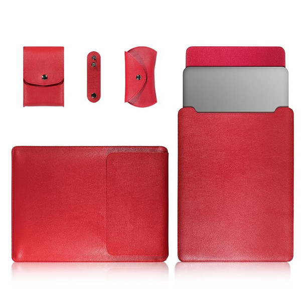 4 in 1 Laptop PU Leatherette Bag + Power Bag + Cable Tie + Mouse Bag for MacBook 11-12 inch(Red)