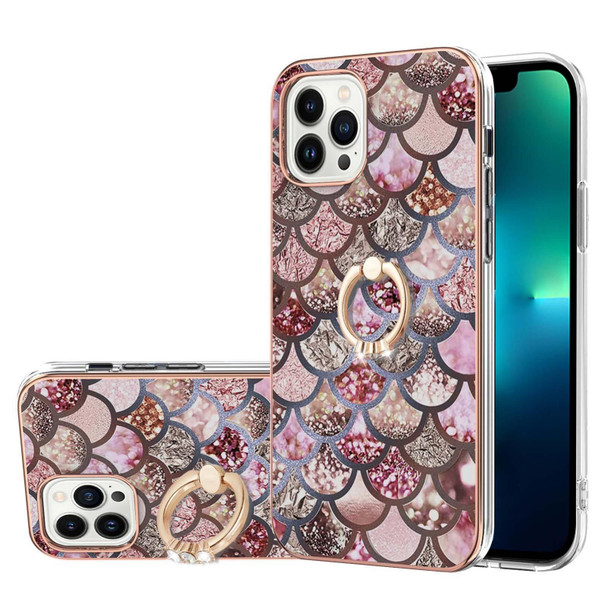 For iPhone 15 Pro Max Electroplating Pattern IMD TPU Shockproof Case with Rhinestone Ring Holder(Pink Scales)