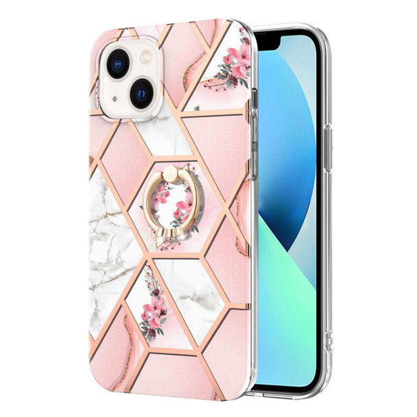 For iPhone 15 Electroplating Splicing Marble Flower Pattern TPU Shockproof Case with Rhinestone Ring Holder(Pink Flower)