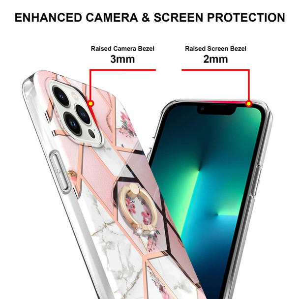 For iPhone 15 Pro Electroplating Splicing Marble Flower Pattern TPU Shockproof Case with Rhinestone Ring Holder(Pink Flower)