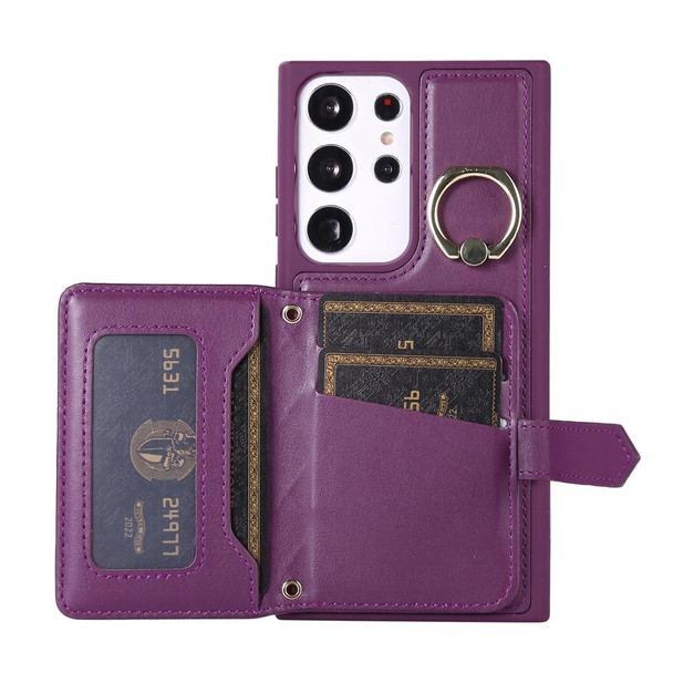 For Samsung Galaxy S23 Ultra 5G Horizontal Card Bag Ring Holder Phone Case with Dual Lanyard(Dark Purple)