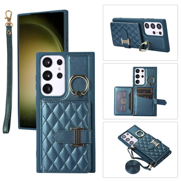 For Samsung Galaxy S23 Ultra 5G Horizontal Card Bag Ring Holder Phone Case with Dual Lanyard(Dark Green)