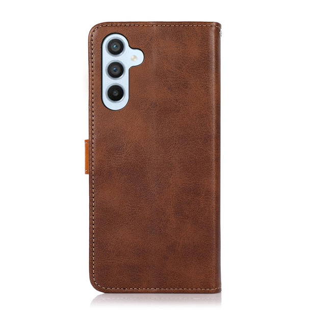 For Samsung Galaxy M34 5G KHAZNEH Dual-color Cowhide Texture Flip Leatherette Phone Case(Brown)