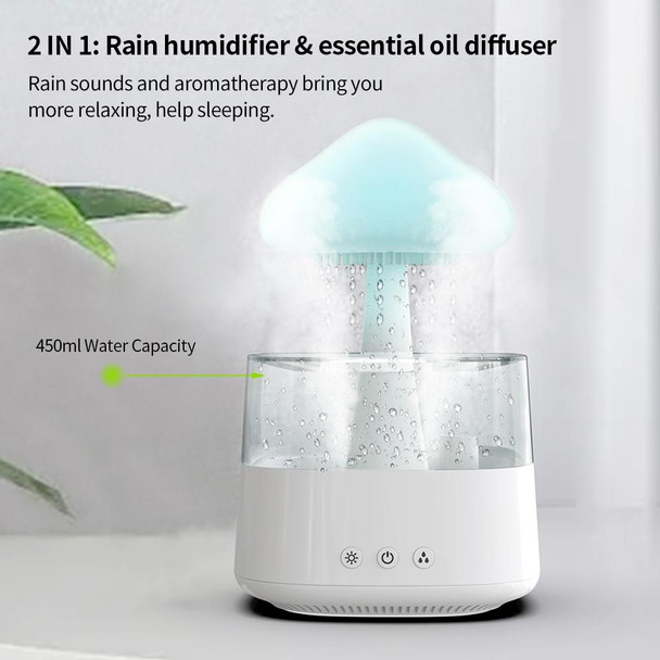 CH08 450ml Rain Humidifier Mushroom Cloud Colorful Night Lamp Aromatherapy Machine, Style: With Remote Controller(White)