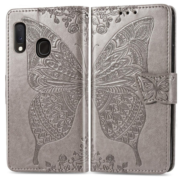 For Galaxy A20e Butterfly Love Flowers Embossing Horizontal Flip Leatherette Case with Holder & Card Slots & Wallet & Lanyard(Gray)