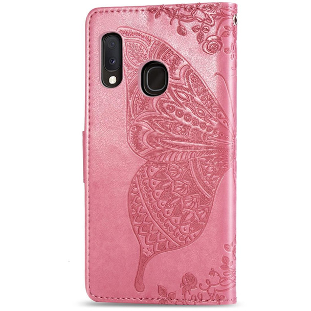 For Galaxy A20e Butterfly Love Flowers Embossing Horizontal Flip Leatherette Case with Holder & Card Slots & Wallet & Lanyard(Pink)