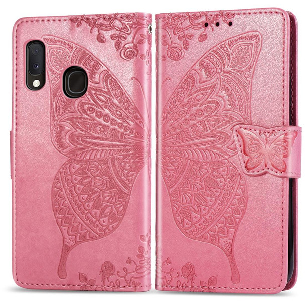 For Galaxy A20e Butterfly Love Flowers Embossing Horizontal Flip Leatherette Case with Holder & Card Slots & Wallet & Lanyard(Pink)