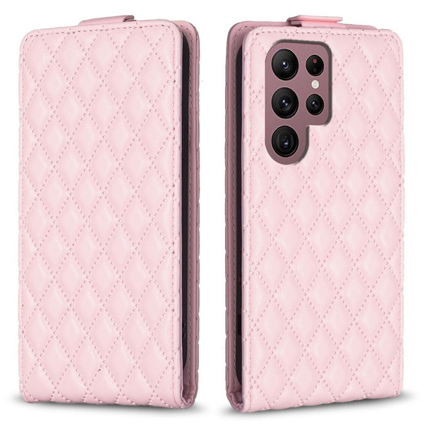 For Samsung Galaxy S22 Ultra 5G Diamond Lattice Vertical Flip Leatherette Phone Case(Pink)