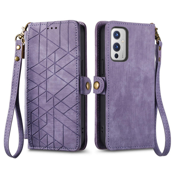 For OnePlus 10T Geometric Zipper Wallet Side Buckle Leatherette Phone Case(Purple)