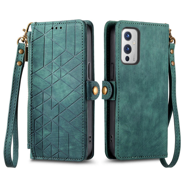 For OnePlus 10T Geometric Zipper Wallet Side Buckle Leatherette Phone Case(Green)